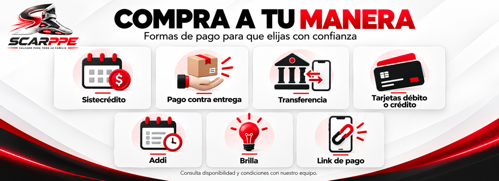 Formas de pago Scarppe: Sistecrédito, pago contra entrega, transferencia, tarjetas débito o crédito, Addi, Brilla y link de pago